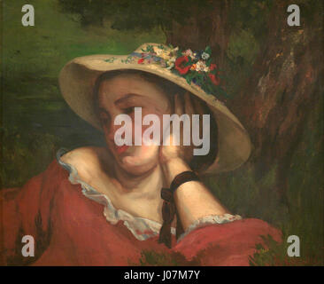 Le fragment *Young Ladies on the Bank of the Seine* de Gustave Courbet, mettant en vedette une femme avec des fleurs dans son chapeau, met en évidence l’intérêt de l’artiste pour représenter la vie quotidienne des femmes dans des milieux naturels, en mettant l’accent sur le réalisme et l’environnement naturel. Banque D'Images