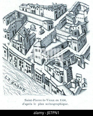 Cette image provient de 'histoire des Églises et chapelles de Lyon', volume II (1908), et représente l'histoire et la signification architecturale des églises et chapelles de Lyon, France. L’œuvre fournit des informations détaillées sur les édifices religieux lyonnais, illustrant leur rôle dans le patrimoine culturel et architectural de la ville. Banque D'Images