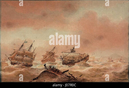 Le Jour après Trafalgar, une aquarelle de Nicholas Pocock, 1810, représentant le HMS Victory, endommagé et se dirigeant vers le rivage, tandis que le HMS Royal Sovereign est remorqué par le HMS Euryalus, au large du Cap Trafalgar, Espagne, le 22 octobre 1805, le jour après la bataille de Trafalgar, au cours de laquelle l'amiral Horatio Nelson, 1er vicomte Nelson, fut mortellement blessé. Banque D'Images