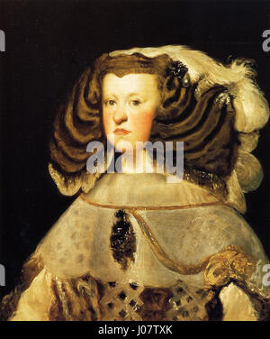 'Retrato de la reina Mariana de Austria' de Diego Velázquez est un portrait royal de Mariana d'Autriche, la reine consort d'Espagne. La peinture met en évidence la capacité de Velázquez à capturer la présence royale et les détails délicats dans les portraits de la cour espagnole du XVIIe siècle. Banque D'Images