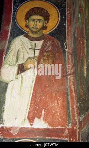 Les fresques de l'église de Saint Nicolas de Varos, en Croatie, représentent des scènes de l'iconographie chrétienne, reflétant les influences byzantines du XIVe siècle. Banque D'Images