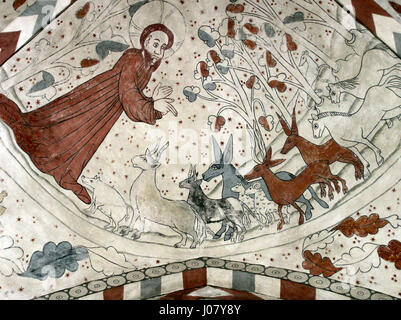 La fresque de Vittskövle 'Gud skaber dyrene' (Dieu crée les animaux) représente la scène biblique de création où Dieu forme les animaux, soulignant l'acte divin de création dans les religieux compris Banque D'Images