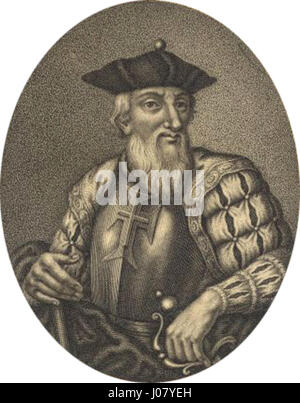Ce portrait de Vasco da Gama, réalisé par João Cardini, représente le célèbre explorateur portugais connu pour ses voyages pionniers en Inde. L'œuvre capture son caractère déterminé et sa contribution monumentale à l'exploration mondiale. Banque D'Images