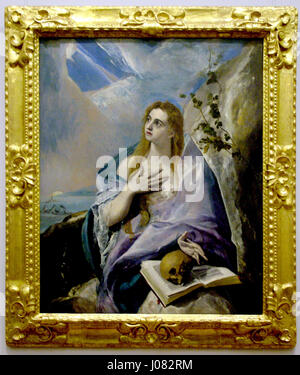 Une peinture d'El Greco intitulée 'Magdolna', représentant Marie-Madeleine dans un style très expressif et dramatique. L’œuvre met l’accent sur l’utilisation par El Greco de formes allongées et de couleurs vives dans les sujets religieux. Banque D'Images
