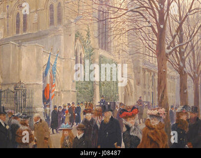 « Après l'Office … l’Eglise de la Ste-Trinité’ de Jean Béraud représente un moment de réflexion tranquille à l’extérieur de l’église de la Sainte Trinité à Paris. La scène capture l'atmosphère d'une église parisienne du début du siècle, avec des gens en tenue d'époque qui partent après un service. Banque D'Images