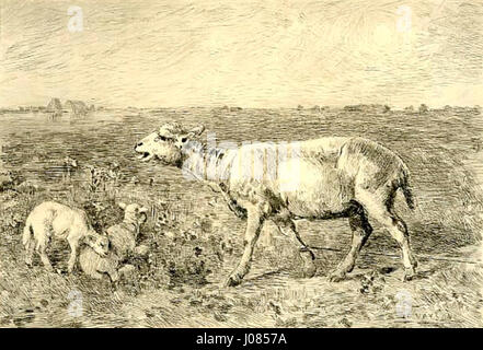 « Brebis dans la lande » de Paul Vayson est une gravure qui représente des moutons qui paissent dans les landes. L'impression illustre l'habileté de Vayson à capturer la vie rurale et les scènes naturelles avec des détails complexes. Banque D'Images