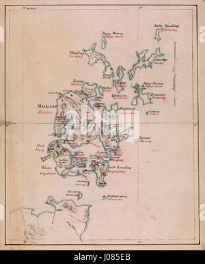 Cette carte, 'Kart over Orknøyene', présente une représentation détaillée des îles Orcades, situées au large de la côte nord de l'Écosse, mettant en évidence la géographie et le paysage naturel de l'archipel. Banque D'Images