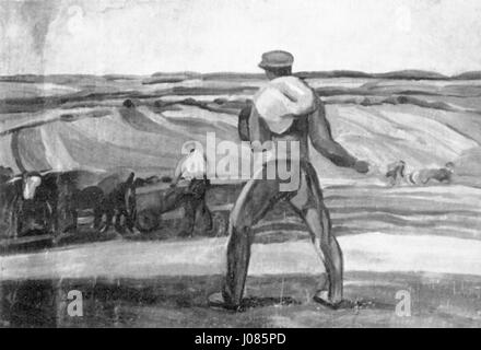 'Kornsaat' de Stroeher de 1924 représente la récolte de céréales dans un cadre rural allemand, en se concentrant sur le processus agricole et l'importance de l'agriculture à cette époque. Banque D'Images