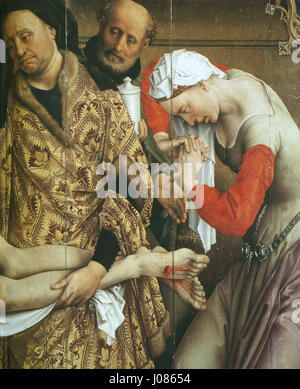 'Déposition' (la déposition) de Rogier van der Weyden, peinte au XVe siècle, représente le moment de la descente du Christ de la croix. La peinture est un exemple puissant de l’art flamand, mettant en évidence la maîtrise de van der Weyden de l’émotion et du détail. Banque D'Images