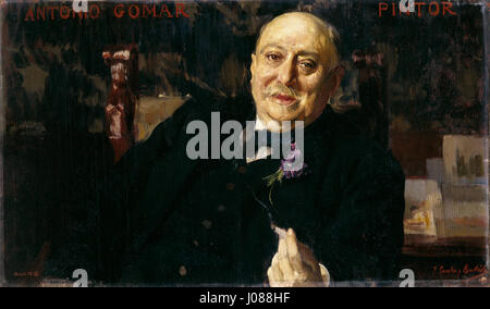 Ce portrait de Joaquín Sorolla y Bastida, intitulé 'El Pintor Antonio Gomar y Gomar', présente une représentation détaillée de l'artiste Antonio Gomar. Les coups de pinceau lâches et les couleurs éclatantes de Sorolla témoignent de sa maîtrise dans la capture des personnalités et de la profondeur émotionnelle. Banque D'Images