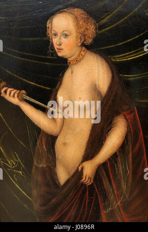 Le tableau 'Selbstmord der Lucretia' (le suicide de Lucretia) attribué à un élève anonyme de Lucas Cranach l'ancien, dépeint le moment dramatique et tragique de la mort de Lucretia. Cette œuvre est conservée dans le Schloss Johannisburg à Aschaffenburg, qui fait partie de la Staatsgalerie. Banque D'Images