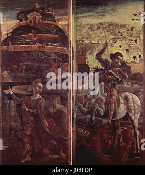 Quatre volets d'orgue de la cathédrale de Ferrare, un triptyque peint en 1469 par Cosmè Tura, un artiste italien, représentant Saint Georges et le Dragon ainsi qu'une scène de l'Annonciation, avec la fille d'un roi et Saint Georges tuant le dragon. Banque D'Images