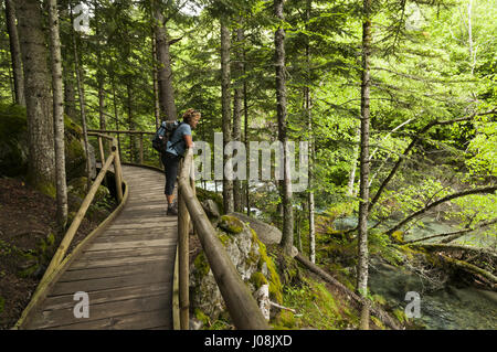 Espagne, Pyrénées, la Catalogne, j'Aigüestortes Estany de Sant Maurici National Park, Randonneur sur pont de bois sur stream Banque D'Images