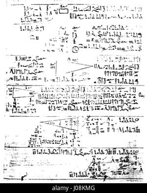 Le A'h-mosé égyptien ou papyrus du Rhind est un ancien manuscrit égyptien, qui remonterait à la 2e période intermédiaire. Ce papyrus contient des connaissances mathématiques et astronomiques précieuses, y compris des scripts et des illustrations hiératiques détaillés. Il s'agit de l'un des plus anciens documents qui détaillent les premiers calculs et formules égyptiens. Banque D'Images