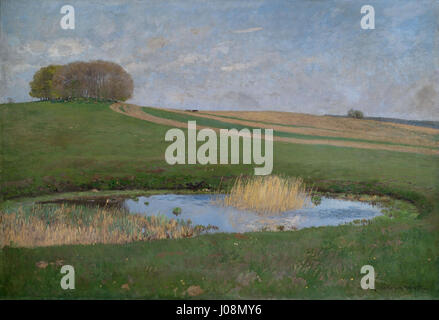 *Sommerlandschaft mit einem Tümpel* de Hans Richard von Volkmann (paysage d'été avec un étang) de 1897 représente une scène estivale tranquille avec un petit étang au premier plan, entouré d'une végétation luxuriante et d'un ciel ouvert. Banque D'Images
