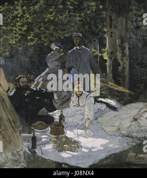 « Le déjeuner sur l'herbe » de Claude Monet (1865-1866) est une peinture impressionniste emblématique représentant une scène de pique-nique, mettant en valeur l'utilisation de la lumière et de la couleur par l'artiste pour capturer la beauté naturelle. Banque D'Images