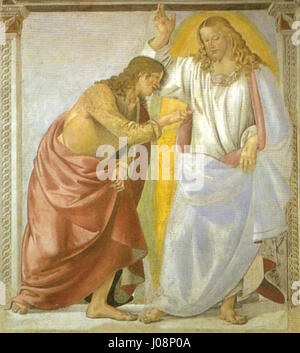La 'Incredulità di San Tommaso' de Luca Signorelli, située dans la Sagrestia della Cura à Loreto, illustre le moment biblique du doute de Saint Thomas, capturé par des figures humaines expressives et une utilisation dramatique de la lumière et de l'ombre. Banque D'Images