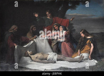 'La déposition de Croix' d'Alexis-Nicolas Pérignon (1843) est une peinture religieuse représentant la descente de la croix, capturant la gravité émotionnelle et le symbolisme religieux de la scène. L’utilisation de la lumière et de l’ombre dramatiques par Pérignon met en lumière la gravité du moment. Banque D'Images