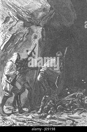 « Les aventures de trois Anglais et de trois Russes en Afrique du Sud » de Jules Féret est une illustration basée sur le roman de Jules Verne, représentant une aventure palpitante se déroulant en Afrique du Sud. L’œuvre illustre des moments clés de l’histoire de l’exploration et de l’aventure. Banque D'Images