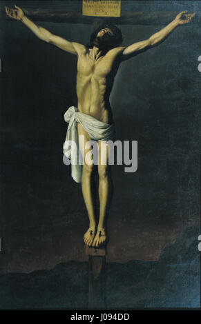 Le « Christ crucifié » de Francisco de Zurbarán représente un moment puissant de dévotion religieuse, capturant l’intensité et la profondeur émotionnelle de la crucifixion du Christ. L'œuvre, caractéristique du baroque espagnol, met l'accent sur la lumière et l'ombre pour transmettre un effet dramatique. Banque D'Images