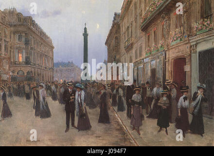 Le tableau de Jean Béraud « la Rue de la paix » capture une scène de rue parisienne animée. L'œuvre met l'accent sur l'agitation de Paris de la fin du XIXe siècle, avec des représentations détaillées des gens, de l'architecture et de la mode. Banque D'Images