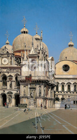 « Cour du Palais du Dux de Venise » est une peinture de 1883 de l'artiste espagnol Martín Rico y Ortega. Il présente une vue détaillée de la cour intérieure du Palais des Doges à Venise, avec les dômes de la basilique de marque visibles sur un ciel bleu clair. L'œuvre d'art capture l'architecture complexe illuminée par la lumière du soleil, soulignant les reliefs à travers chiaroscuro. Banque D'Images