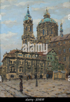 Kostel sv Mikulášě Malá strana de Stanislav Feikl représente l'église de tous Nicolas dans le quartier de Malá Strana à Prague. La peinture met en valeur l'architecture baroque et la grandeur de l'église, capturant sa beauté extérieure. Banque D'Images