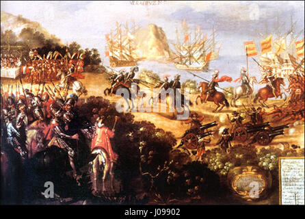 Cette œuvre d'art historique représente l'arrivée du conquistador espagnol Hernán Cortés à Veracruz, au Mexique, et la réception par les ambassadeurs de Moctezuma, marquant un événement important dans la conquête espagnole de l'Empire aztèque. Banque D'Images