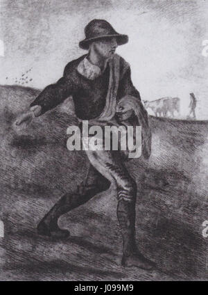 Le Semeur, un dessin de Vincent van Gogh, artiste post-impressionniste néerlandais, d'après une œuvre de Jean-François Millet, créé en 1881. Banque D'Images