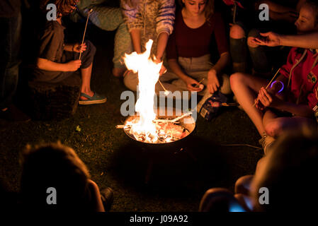 Griller des guimauves sur bois enfants autour d'un feu tandis que l'écart camping Banque D'Images