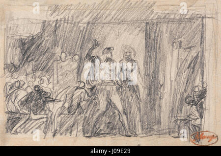 « The banquet Scene - Macbeth » de George Romney, dépeint un moment dramatique de la pièce Macbeth de Shakespeare. L'œuvre d'art capture la tension et l'agitation de la scène du banquet alors que Macbeth se bat avec sa culpabilité et sa folie. Banque D'Images