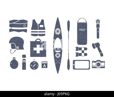 Kayak et camping en plein air dans l'équipement d'aventure retro style rugueux. Kayak gear isolé sur blanc. Utiliser pour l'infographie, comme des icônes sur le site web, t-shirt. Vector Illustration de Vecteur