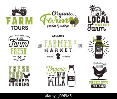 Marché de l'agriculteur, les aliments biologiques, le lait et les oeufs Set de badges. Produits frais et locaux dessins de logos. Insigne éco ferme typographiques en noir et vert style. Isolé sur fond blanc. Correctifs de vecteur Illustration de Vecteur