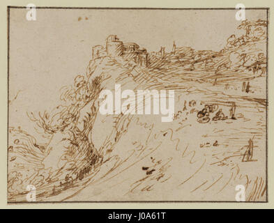 Cette œuvre attribuée par Adam Elsheimer, intitulée 'Landschaft mit Gebäude' (paysage avec bâtiment), montre un paysage détaillé avec des éléments architecturaux. Elsheimer était connu pour ses paysages atmosphériques et l'utilisation de la lumière dans ses peintures. Banque D'Images