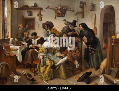 'Attention au luxe' ('In Weelde Siet Toe') de Jan Steen met en garde contre les dangers de l'indulgence et de l'excès. Le tableau représente une scène vivante et satirique reflétant les leçons morales néerlandaises du XVIIe siècle. Banque D'Images