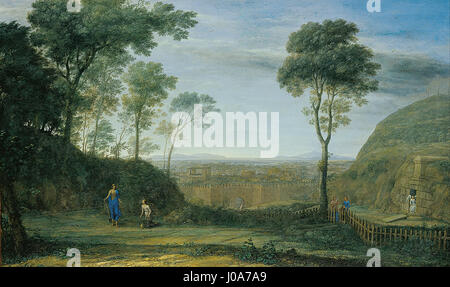 Ce paysage de Claude Lorrain représente le moment biblique du Christ apparaissant à Marie-Madeleine, une scène de l'Évangile. L’utilisation de la lumière et de l’ombre est typique du style Lorrain, mêlant des thèmes religieux à des paysages sereins et classiques. Le sujet de la résurrection du Christ est mis en évidence dans le moment dramatique de « Noli me tangere » (ne me touchez pas). Banque D'Images