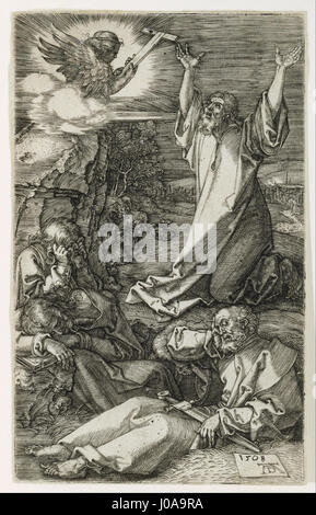 Le Christ sur le Mont des oliviers d'Albrecht Dürer représente un moment poignant de la passion du Christ, mettant en valeur la maîtrise de Dürer en gravure. Le travail met en évidence la profondeur émotionnelle et les détails complexes dans les figures et le paysage. Banque D'Images