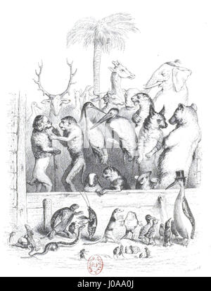 Cette illustration tirée de 'scènes de la vie privée et publique des animaux' représente divers animaux dans des contextes privés et publics, offrant une vision humoristique et anthropomorphique de leur comportement. Banque D'Images