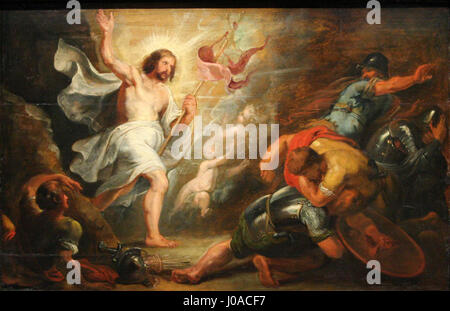 'La Résurrection du Christ' de Pierre Paul Rubens saisit le moment dramatique de la résurrection du Christ. Le style baroque de Rubens est évident dans la composition dynamique, les couleurs vives et les figures émotives, soulignant la puissance et la nature divine de l’événement. Banque D'Images