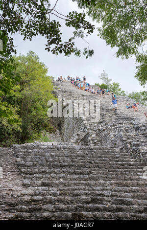 Les touristes grimper la pyramide Nohoch Mul le long de la corde de guidage au Mayan Ruins Coba, Mexique Banque D'Images