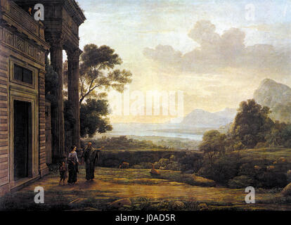 Le tableau de Claude Lorrain de 1668 'Die Verstogung der Hagar' (le bannissement d'Agar) représente la scène biblique d'Agar chassé par Abraham. Lorrain utilise un éclairage doux et des paysages atmosphériques pour souligner le poids émotionnel de la scène, mêlant narration et beauté naturelle dans son style caractéristique. Banque D'Images