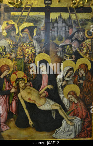 La 'Predelúla amb cinc escenes de la Passió de Crist' de Joan Reixach (prédella avec cinq scènes de la passion du Christ) du Musée des Beaux-Arts de Valence présente des scènes vives de la passion du Christ, dépeignant sa souffrance et son sacrifice ultime dans des détails exquis, typiques du travail de dévotion de Reixach. Banque D'Images