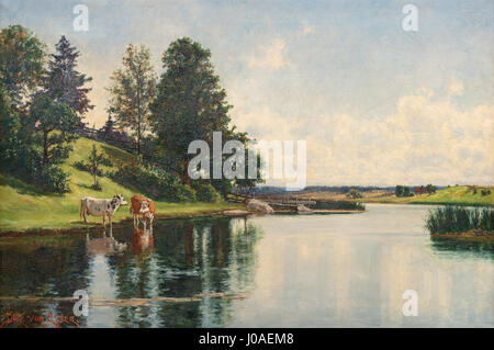KOR på bete de Didrik von Essen est une peinture représentant des bovins qui paissent dans un pré, caractéristique de l’accent mis par von Essen sur la vie rurale. La scène tranquille capture la sérénité de la campagne suédoise, avec la lumière jouant sur les animaux et le paysage. Le cadre naturel reflète la coexistence pacifique entre les humains, les animaux et la nature, mettant en valeur l'idéal pastoral en suédois Banque D'Images