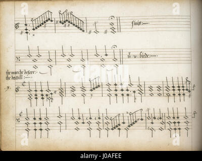 L'illustration manuscrite du « My Lady Novel Book » de Byrd représente une scène intitulée « la marche avant la bataille », mettant en scène une procession militaire. L'œuvre d'art reflète le style de la Renaissance anglaise, mettant l'accent sur le pageantry et la discipline de l'époque à travers des détails complexes et des couleurs vibrantes. Banque D'Images