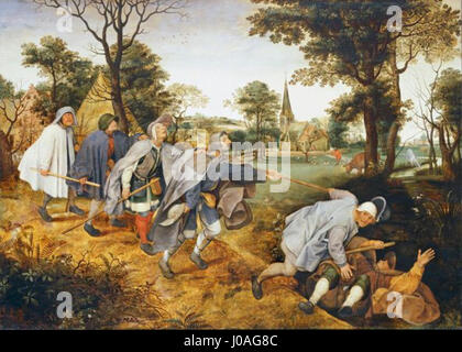 Cette peinture de Pieter Brueghel le jeune, intitulée « la parabole des aveugles », illustre l'histoire biblique de l'aveugle menant l'aveugle. La scène représente un groupe d'aveugles trébuchant ensemble, soulignant la leçon morale sur l'ignorance et les conséquences de suivre sans vue. Banque D'Images