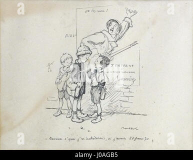 Le dessin à l'encre de Poulbot F., intitulé 'Devine ce que j'achèterais si j'avais 87 francs 50', représente avec humour un personnage qui envisage un achat avec une somme d'argent fixe. L'œuvre reflète une prise de vue fantaisiste et satirique sur le consumérisme. Banque D'Images