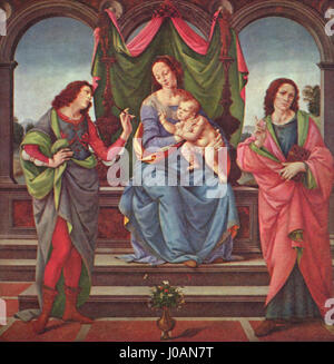 Lorenzo di Credi's 'Madonna with Child and Saints' est un exemple classique de religieux de la Renaissance La pièce, logée dans la Gemäldegalerie Alte Meister à Dresde, représente la Vierge Marie avec le Christ et divers saints, soulignant l'harmonie des figures divines. Banque D'Images