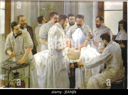 'Laparotomía' de Vicente Castell est une peinture sur le thème médical de 1898, illustrant une intervention chirurgicale. L'œuvre reflète les détails techniques et les progrès de la science médicale à l'époque. Banque D'Images