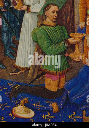 Le 'Portrait de Charles VII' des 'heures d'Étienne Chevalier' est une peinture miniature représentant le roi Charles VII de France. Il fait partie d'un manuscrit enluminé médiéval et met en valeur la figure royale dans un contexte religieux, avec des détails complexes et une décoration en feuilles d'or. Banque D'Images