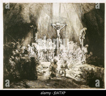 « As três cruzes » de Rembrandt (les trois croix) de 1653 est une gravure dramatique représentant la crucifixion du Christ. La composition souligne l’intensité émotionnelle du moment avec des figures détaillées et une forte utilisation de la lumière et de l’ombre, caractéristique du style de Rembrandt. Banque D'Images